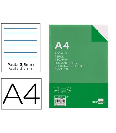 Recambio liderpapel a4 100 hojas 60g m2pauta 4ª 35mm con margen 4 taladros